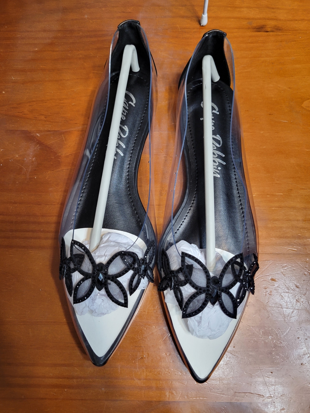Cape Robbin Clear Pointed Toe Flats with White Toe and Black Applique